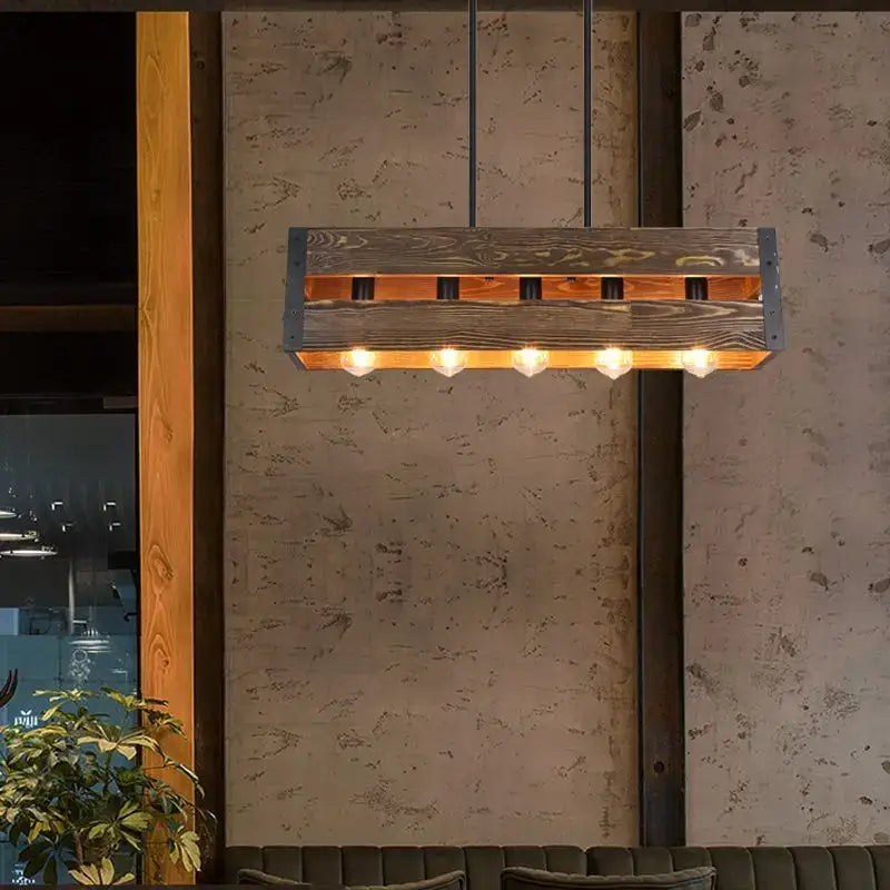 Rustic industrial style pendant lamp wood & black metal dining room