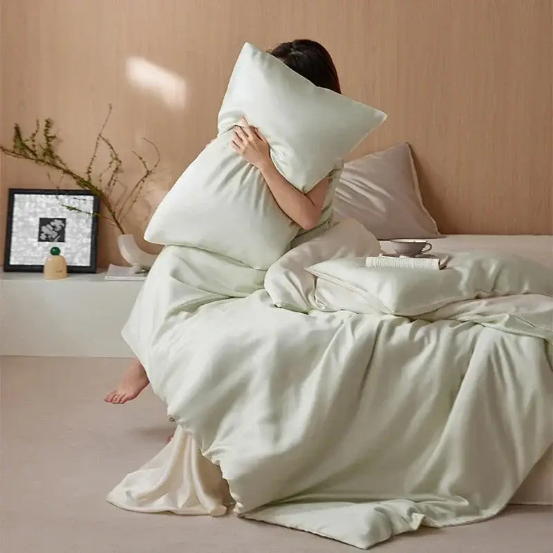 Cream rayon silk bedding set bedroom cooling solid color sheets