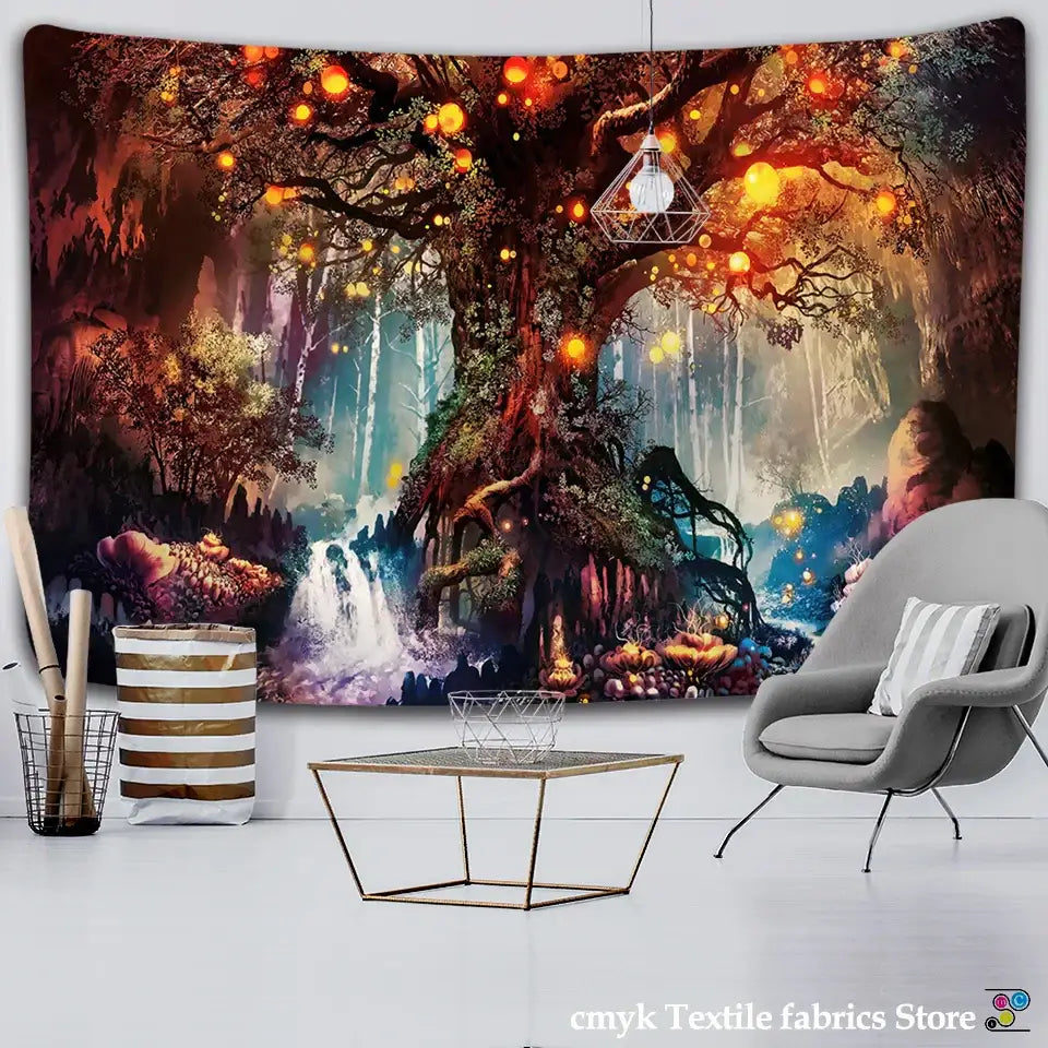 Fantasy ancient trees tapestry bedroom glowing lantern wall decor