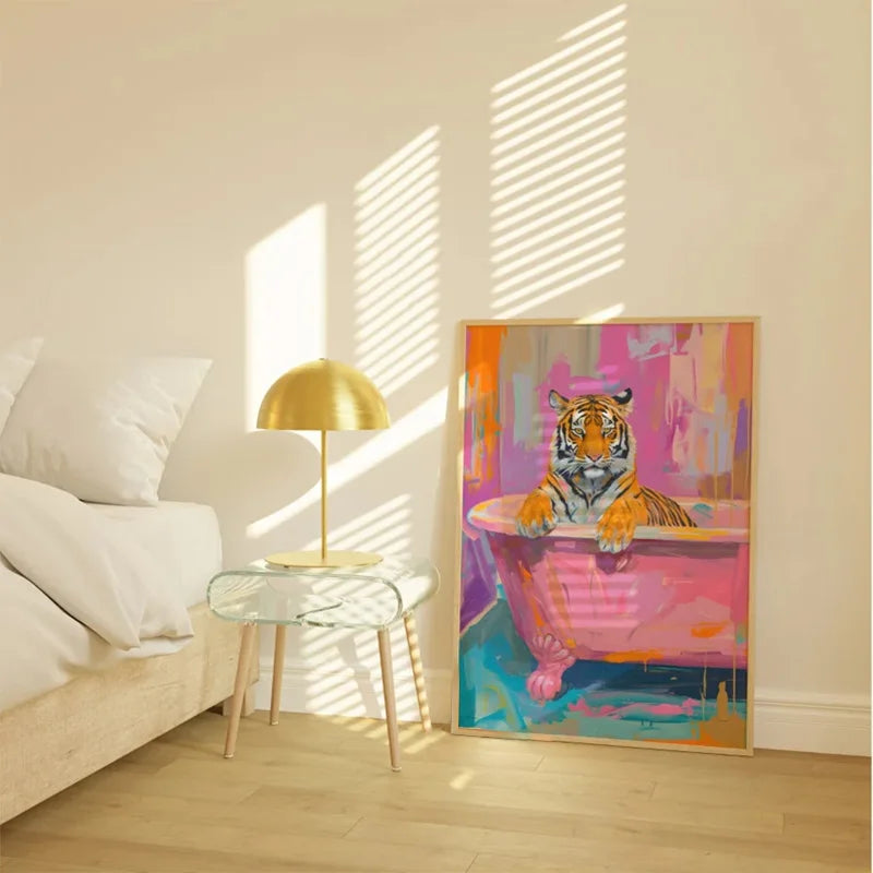 Vibrant pink leopard bathtub animal canvas art bathroom decor