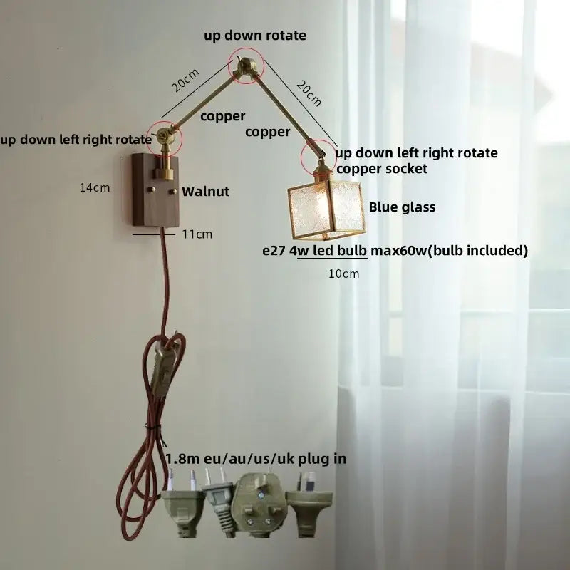Ash wood led swing arm wall lamp with blue glass bedroom sconce