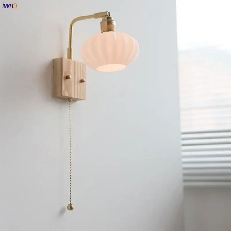 Modern brass and ash wood led wall light bedroom glass sconce