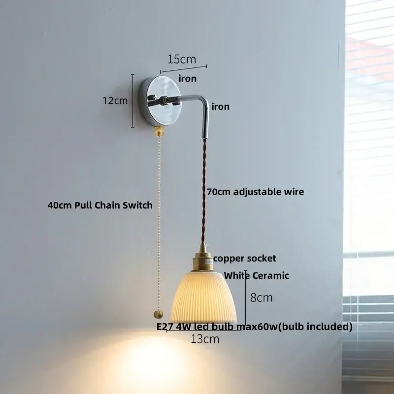 Japanese ash wood led wall light bedroom pull chain lamp