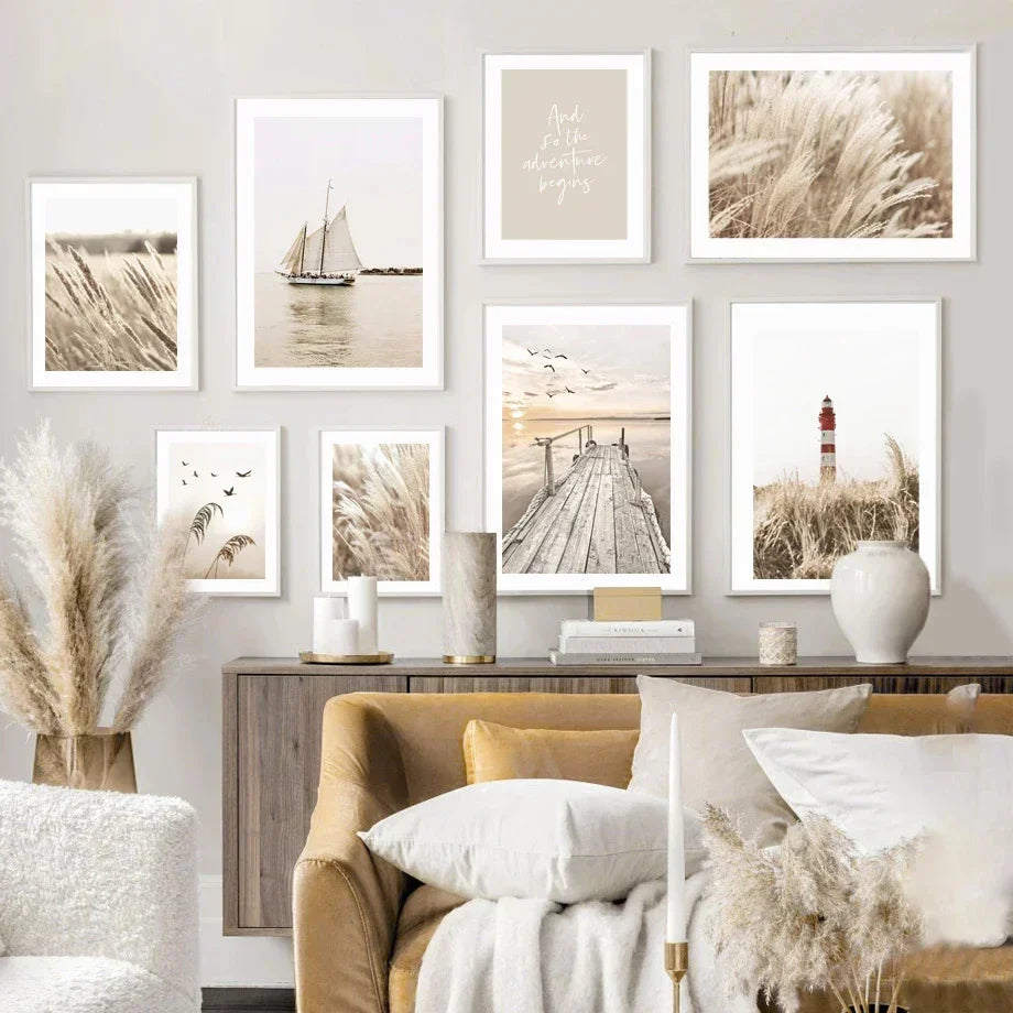 Beige & cream flower grass wall art canvas for living room