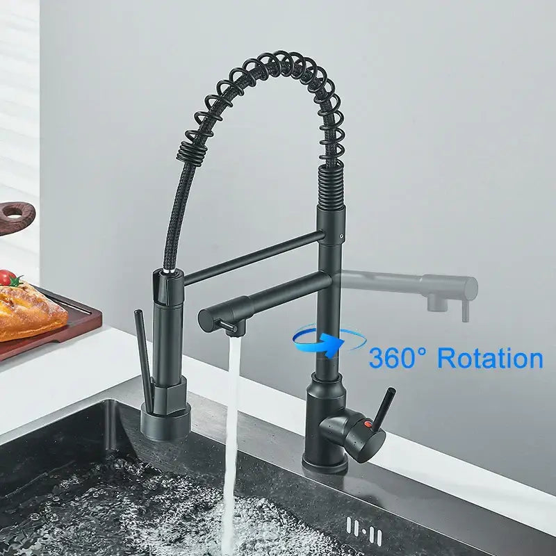Modern matte black kitchen faucet with pull down spring sprayer
