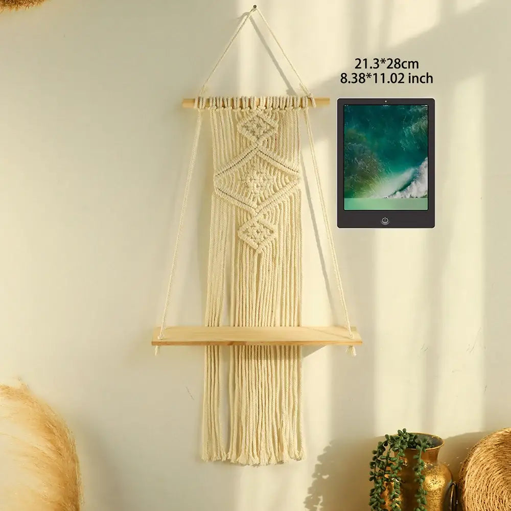 Boho beige macrame wood hanging shelf bedroom wall decor