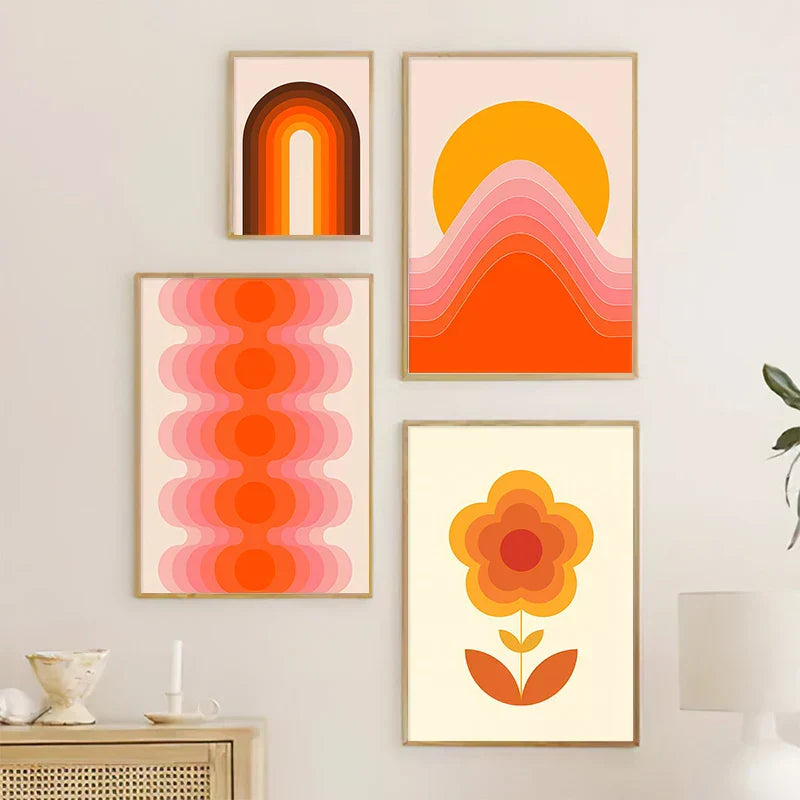 Retro orange & brown sunset art prints living room wall decor
