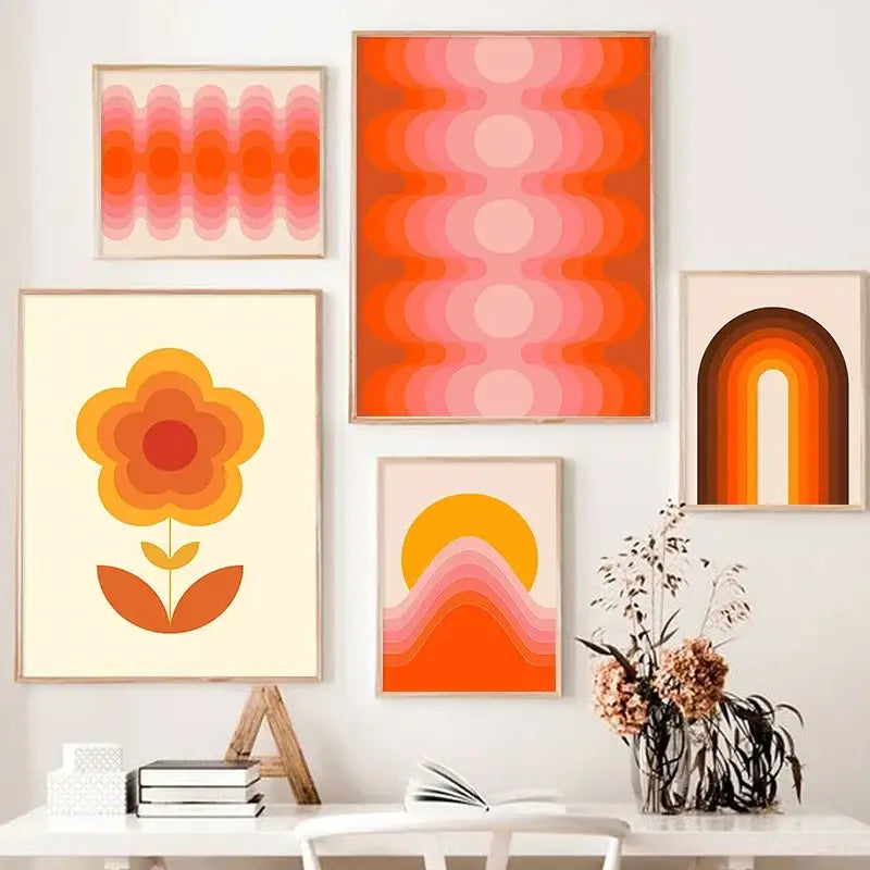 Retro orange & brown sunset art prints living room wall decor