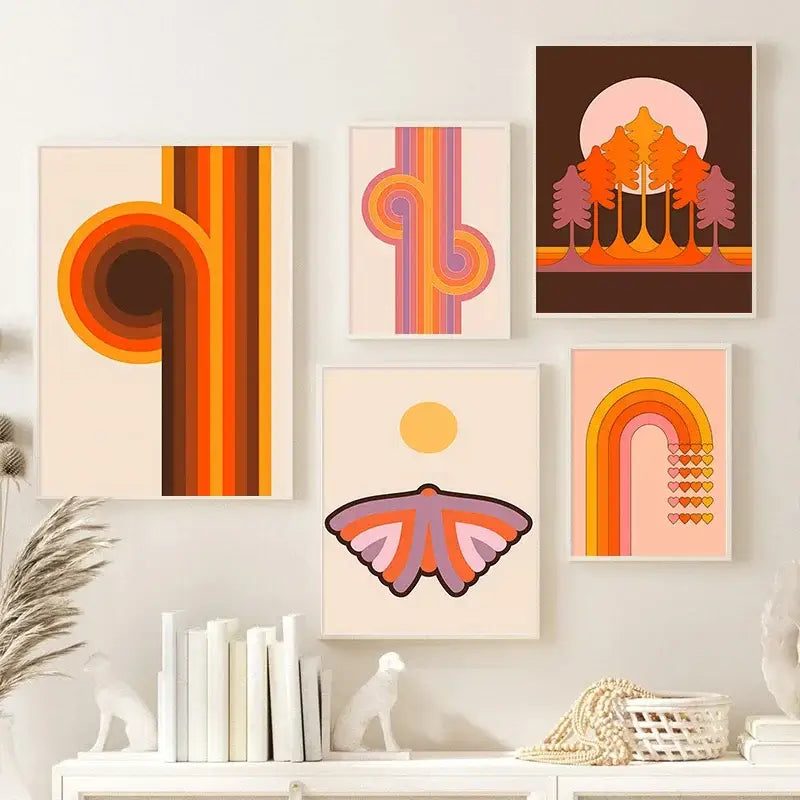 Boho sunset rainbow forest art prints – living room canvas decor