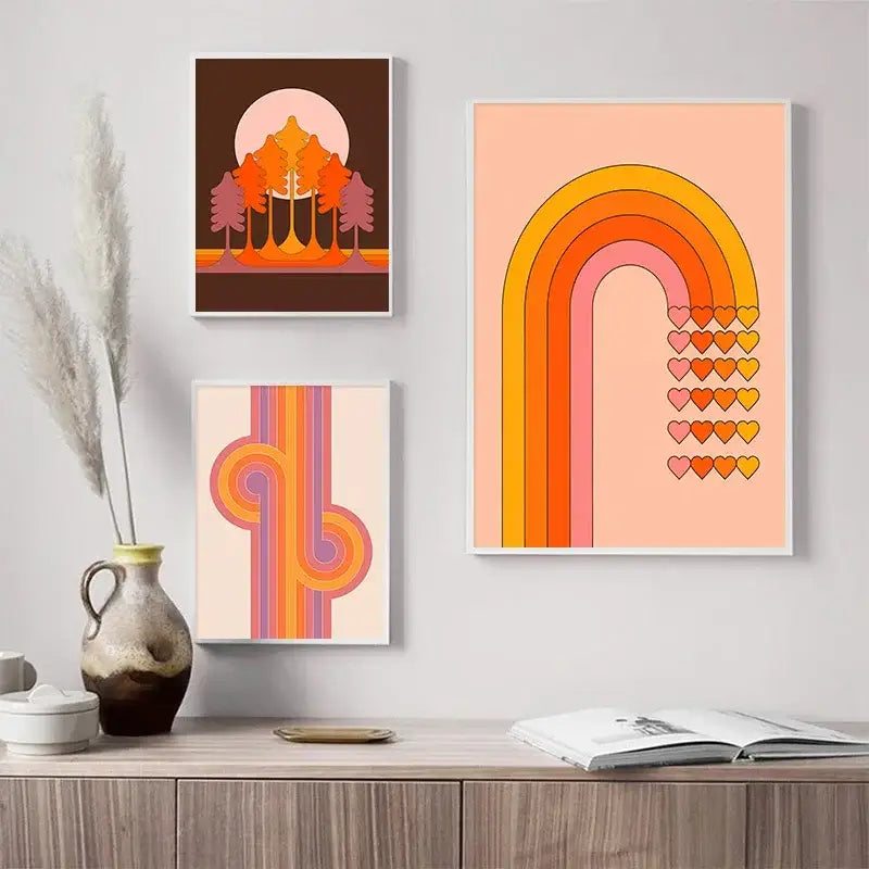 Boho sunset rainbow forest art prints – living room canvas decor
