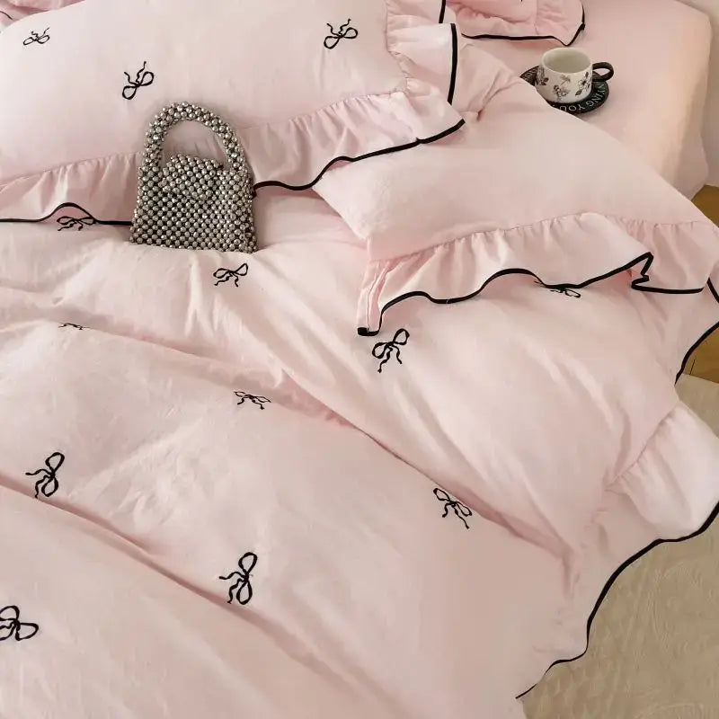 White & black bow embroidery bedding set bedroom ruffled linens