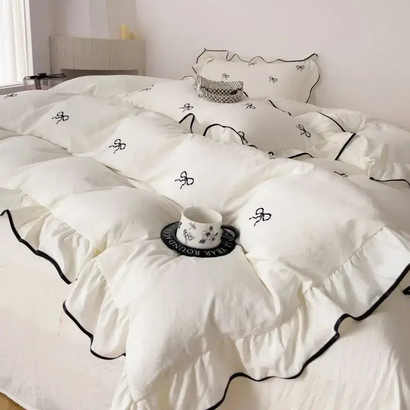 White & black bow embroidery bedding set bedroom ruffled linens