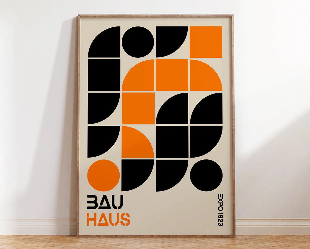 Mid century bauhaus navy & coral geometric canvas art living room