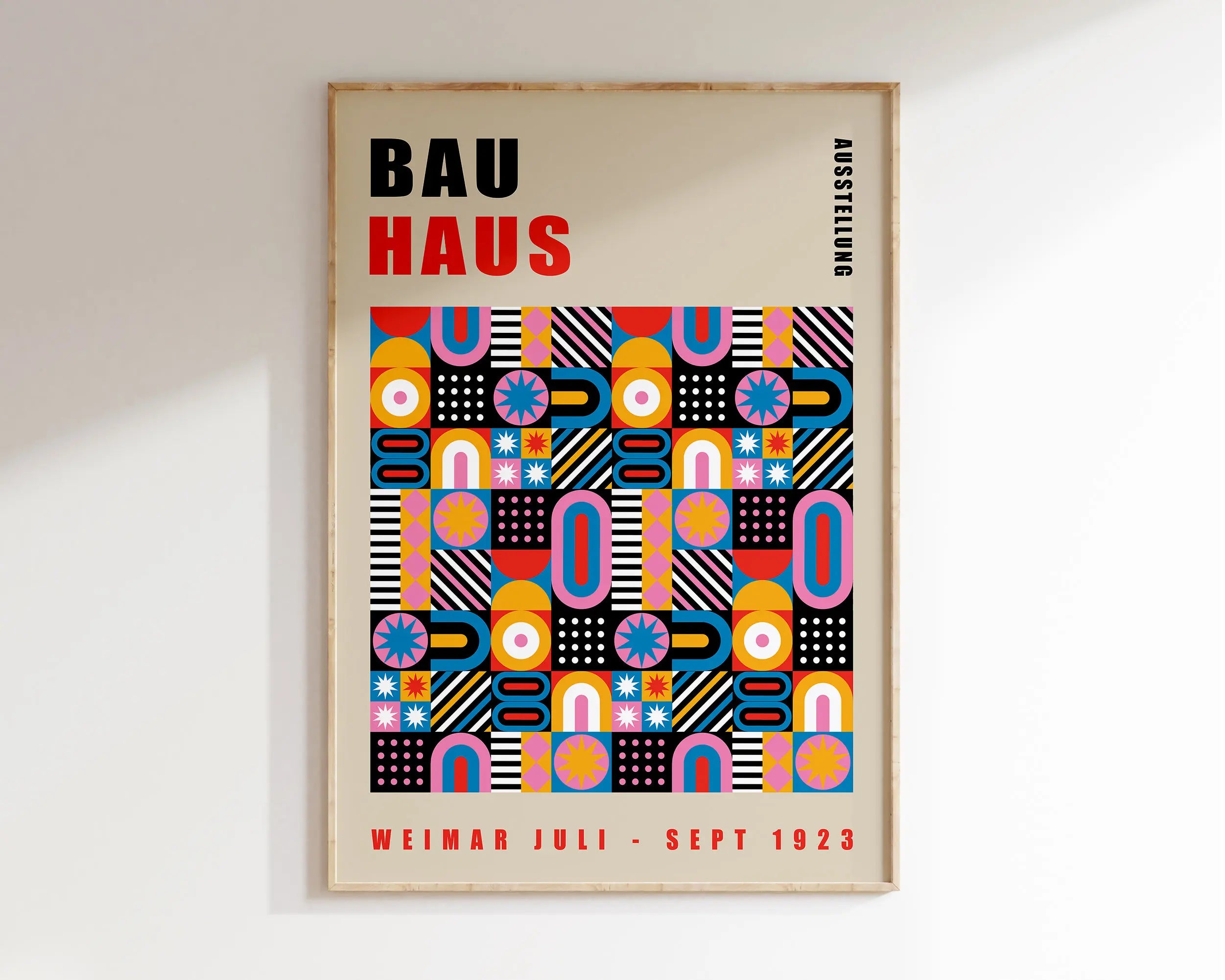 Bauhaus blue and orange geometric wall art living room framed print