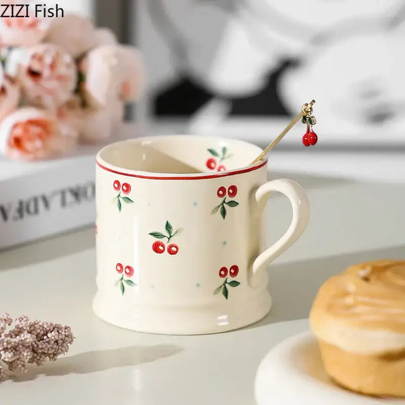 Cream cherry porcelain coffee mug with gold spoon – dining room tableware