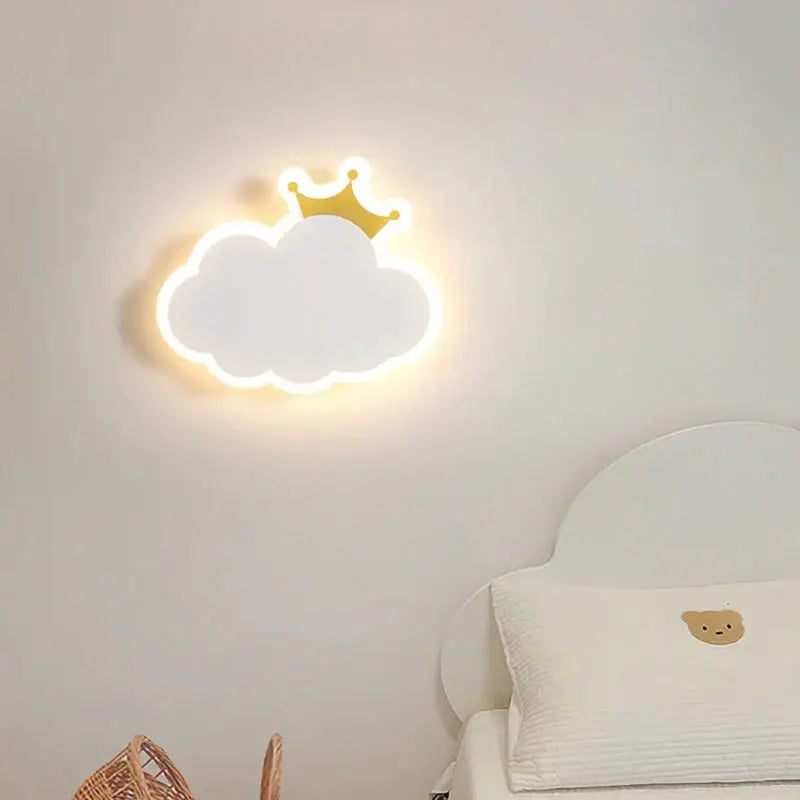 Whimsical crown clouds rocket night light bedroom wall sconce