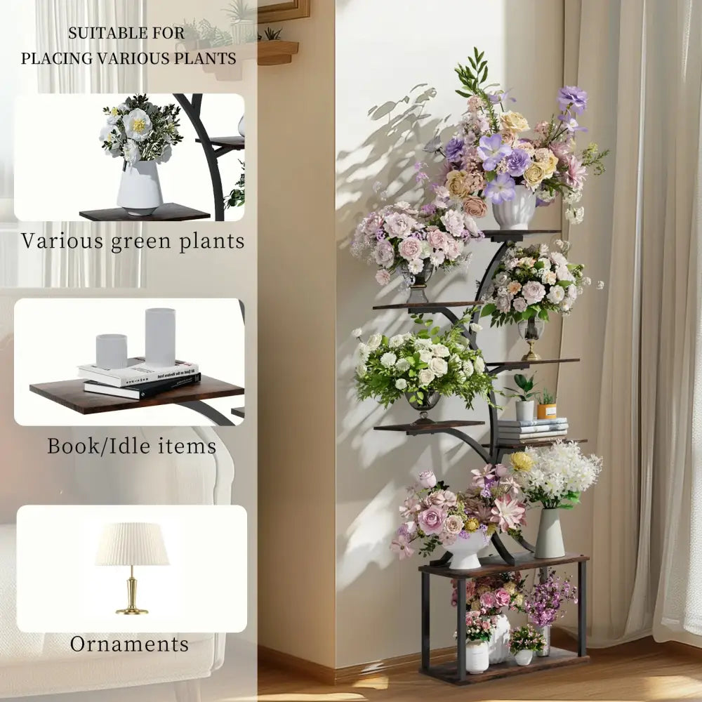 Compact tree black metal plant stand with multiple shelves living room