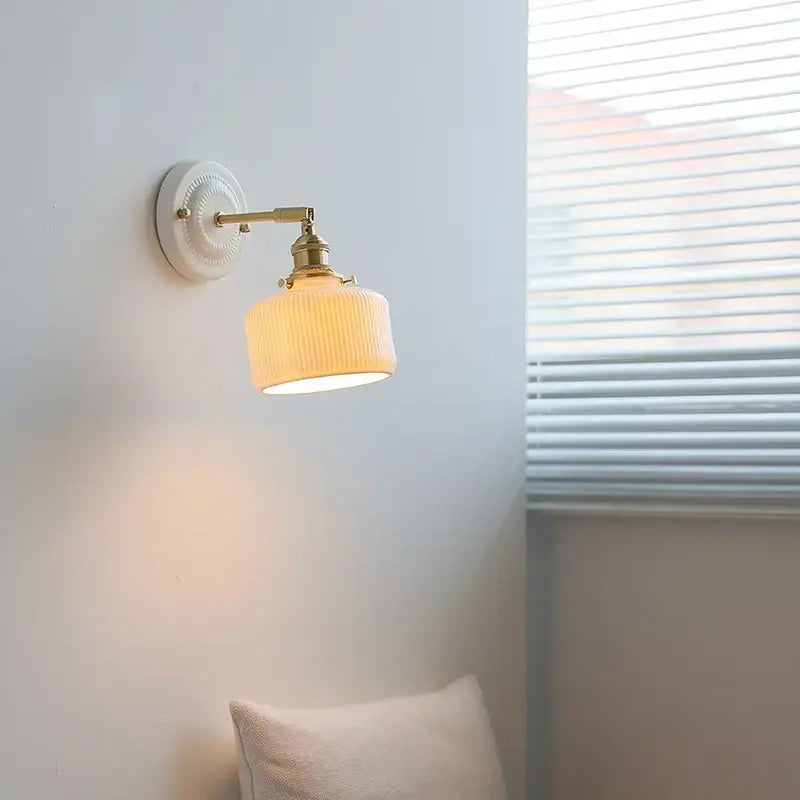 Vintage brass ceramic led wall light with ribbed glass living room