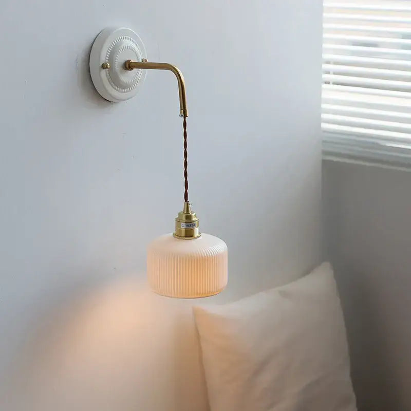 Vintage brass ceramic led wall light with ribbed glass living room