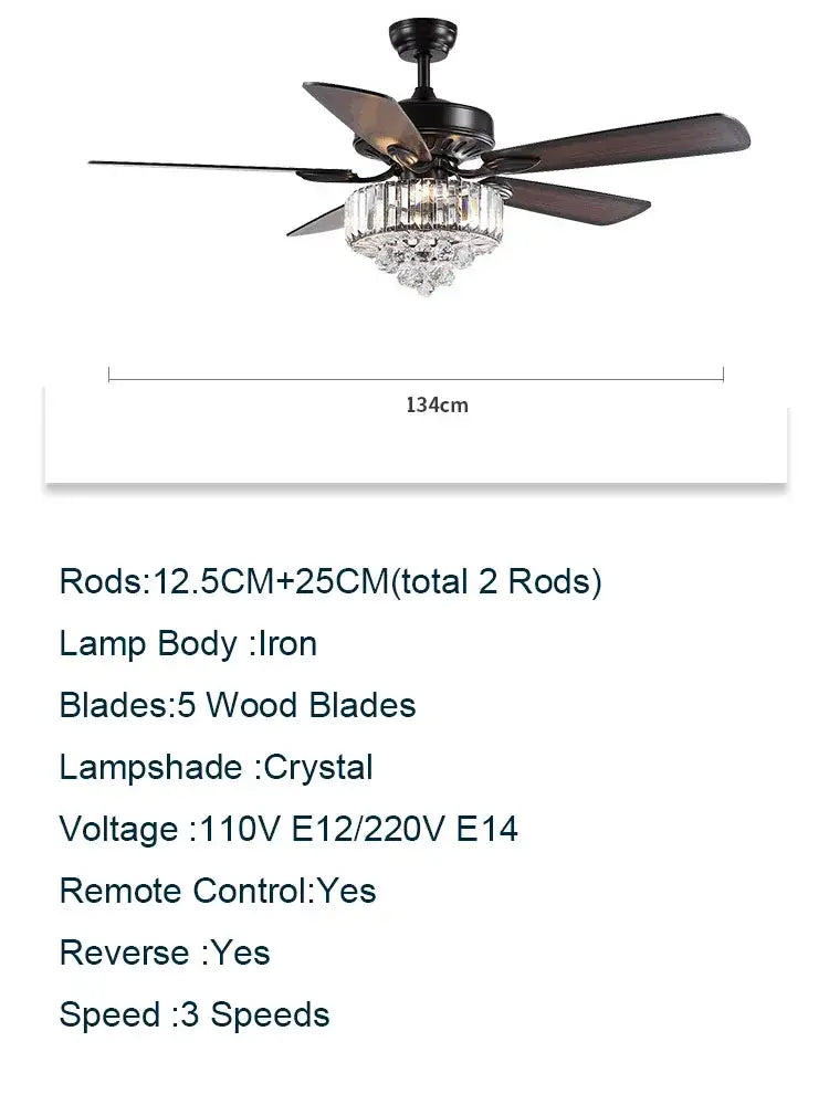Luxury black and dark wood crystal ceiling fan for living room
