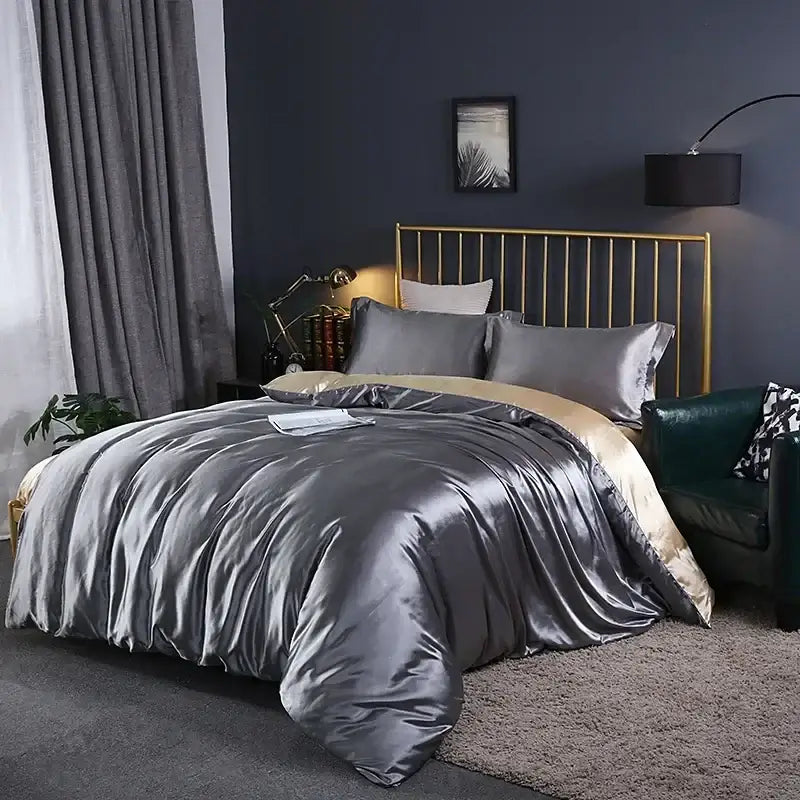 Elegant gold satin duvet cover set bedroom bed sheet ensemble