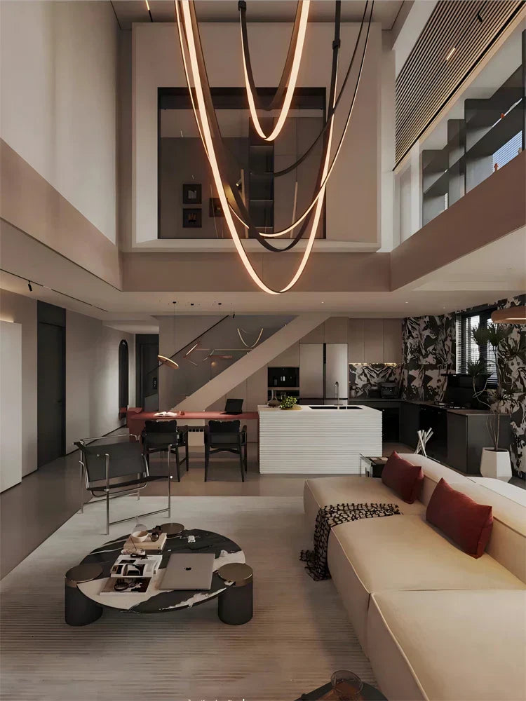 Modern double tiered led chandelier with flexible leather belt dining room light