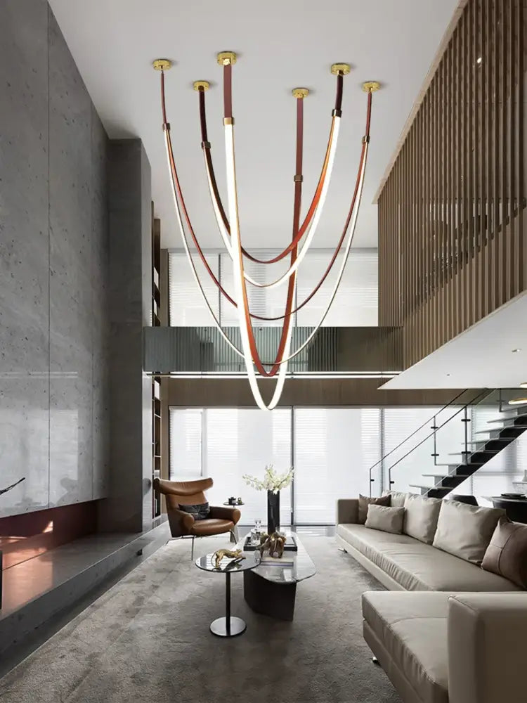 Modern double tiered led chandelier with flexible leather belt dining room light