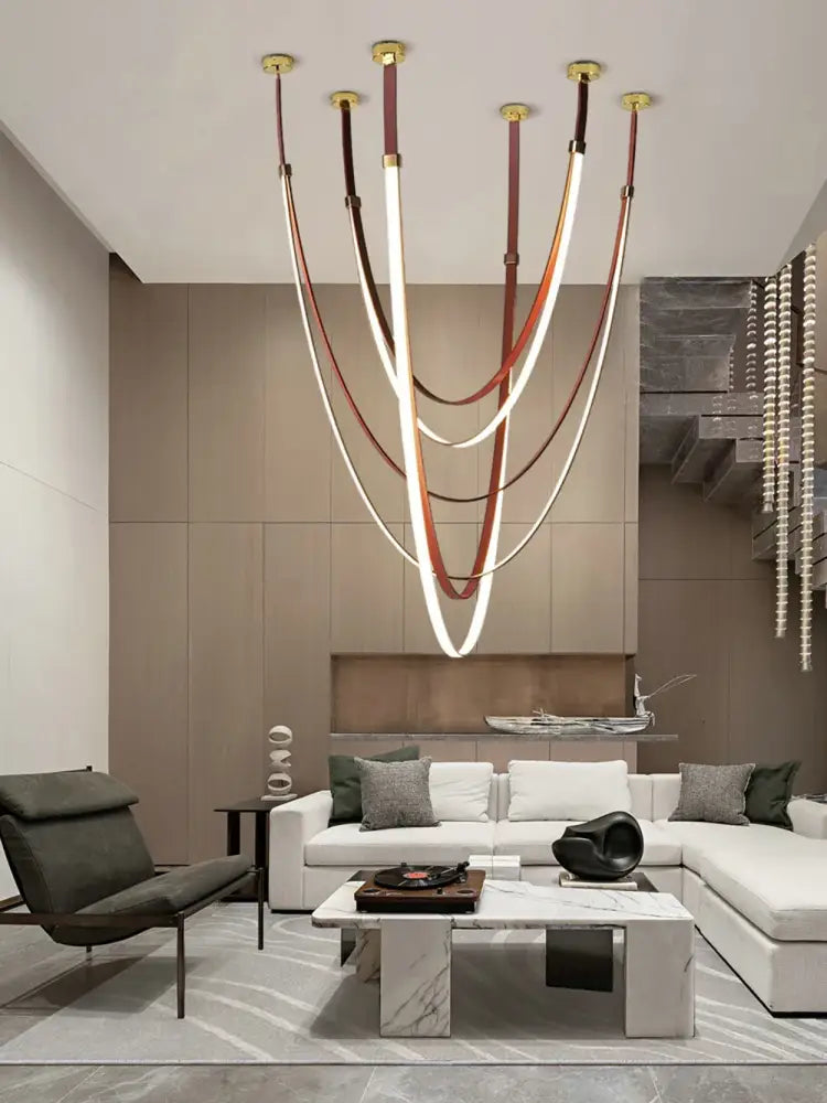 Modern double tiered led chandelier with flexible leather belt dining room light