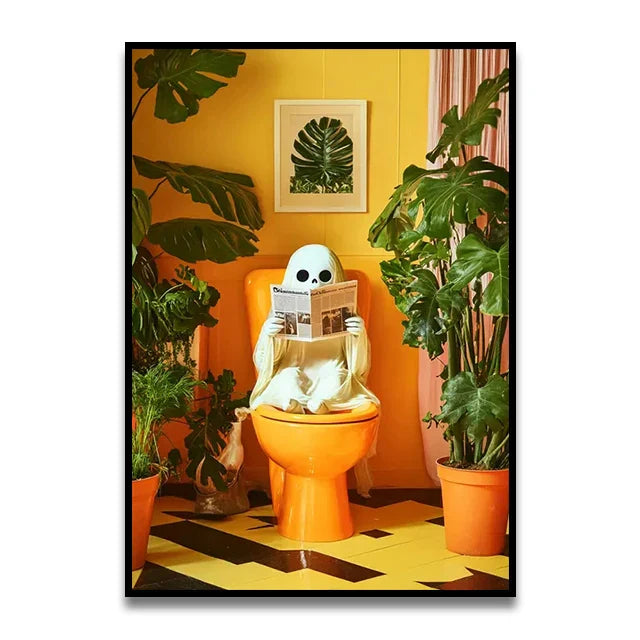 Funny green frog on toilet bathroom canvas wall art