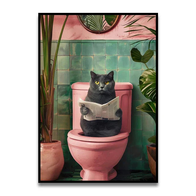 Whimsical giraffe on toilet canvas wall art for bathroom