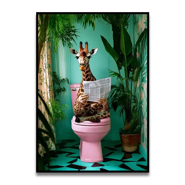 Funny french bulldog pink toilet canvas wall art bathroom decor