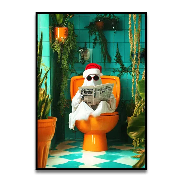 Whimsical giraffe on toilet canvas wall art for bathroom