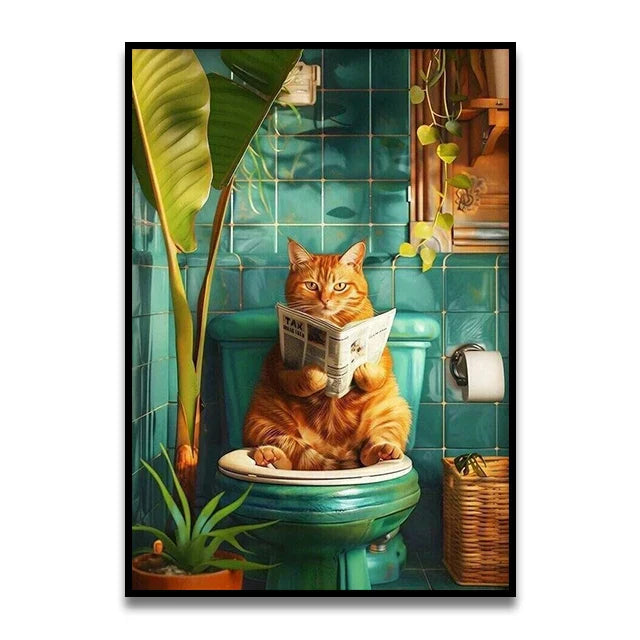 Funny dog reading newspaper pink bathroom canvas wall art