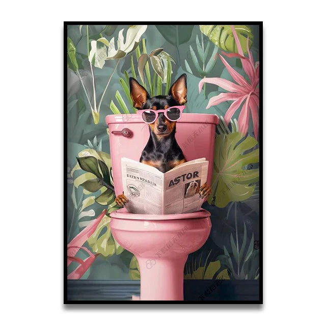 Funny french bulldog pink toilet canvas wall art bathroom decor