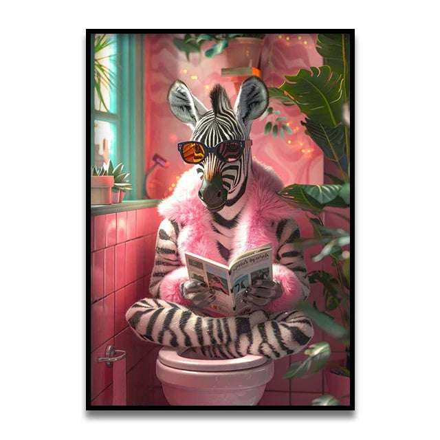 Funny french bulldog pink toilet canvas wall art bathroom decor
