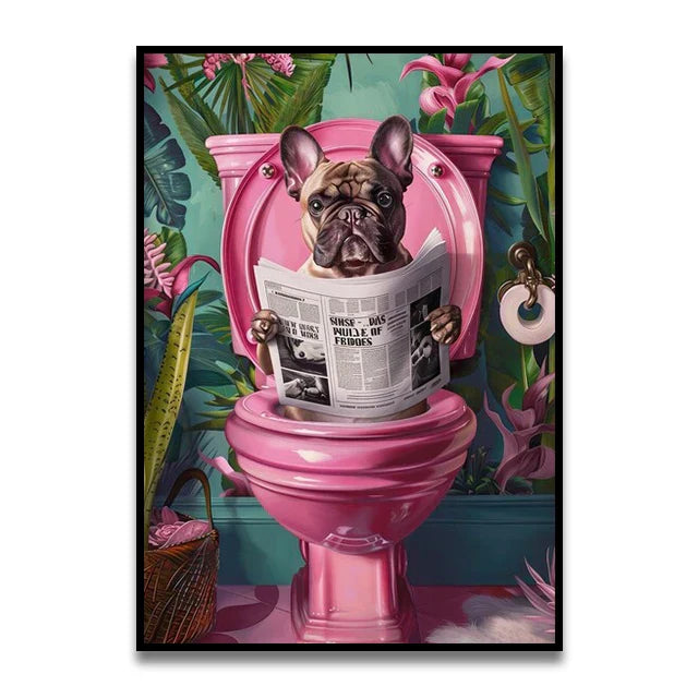 Funny chocolate lab dog on toilet bathroom canvas wall art print