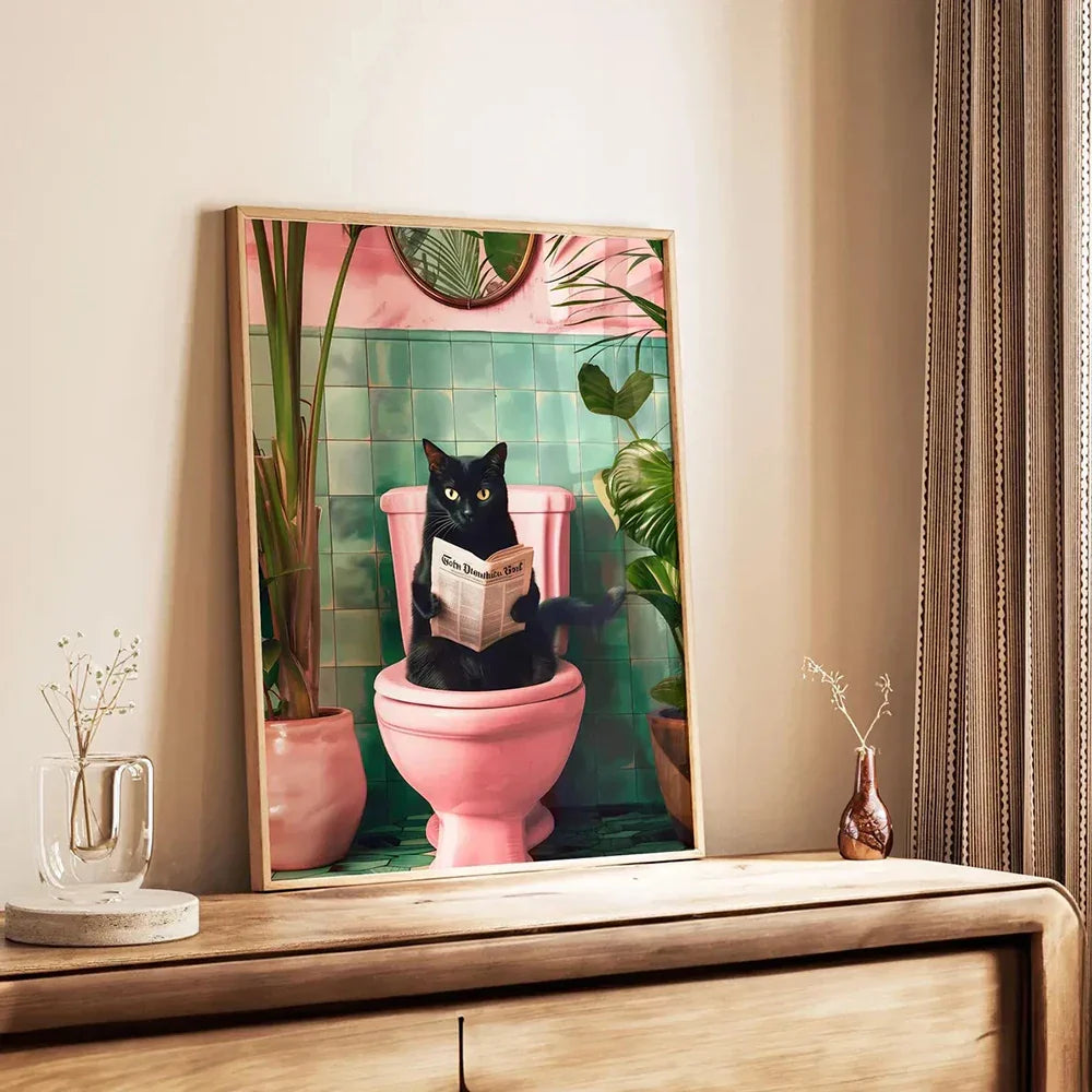 Funny chocolate lab dog on toilet bathroom canvas wall art print