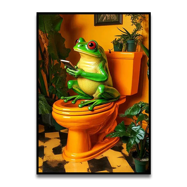 Funny chocolate lab dog on toilet bathroom canvas wall art print