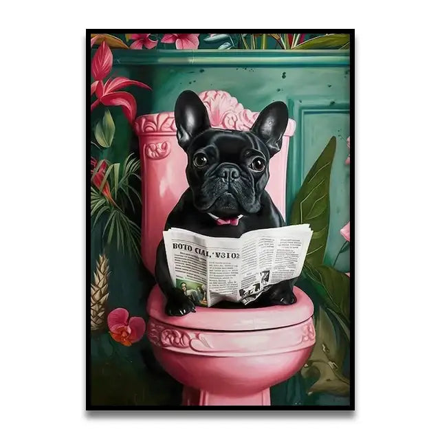 Funny chocolate lab dog on toilet bathroom canvas wall art print
