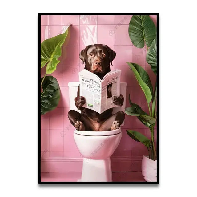 Funny chocolate lab dog on toilet bathroom canvas wall art print