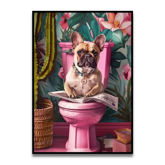 Funny chocolate lab dog on toilet bathroom canvas wall art print