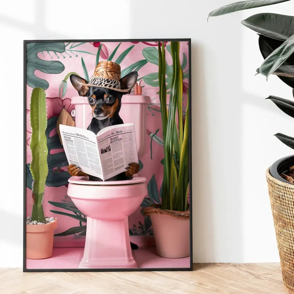 Funny chocolate lab dog on toilet bathroom canvas wall art print