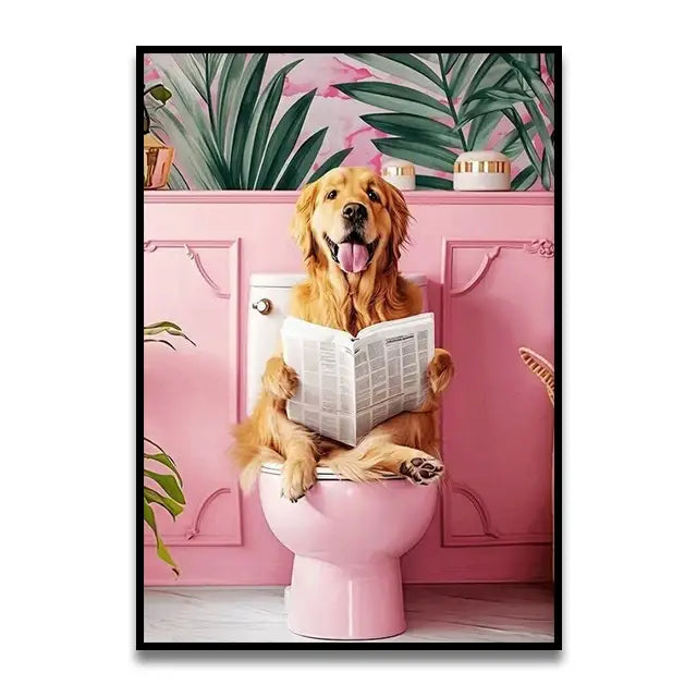 Funny chocolate lab dog on toilet bathroom canvas wall art print