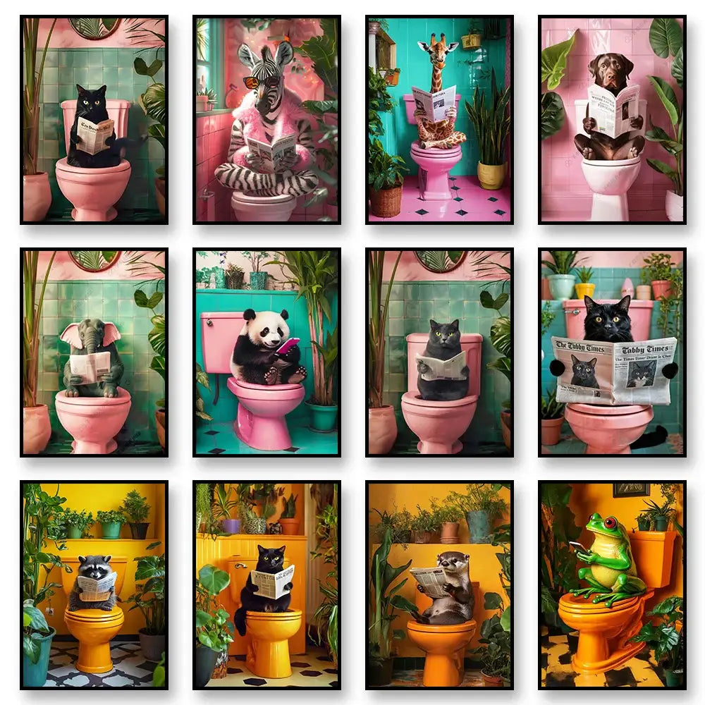Funny chocolate lab dog on toilet bathroom canvas wall art print