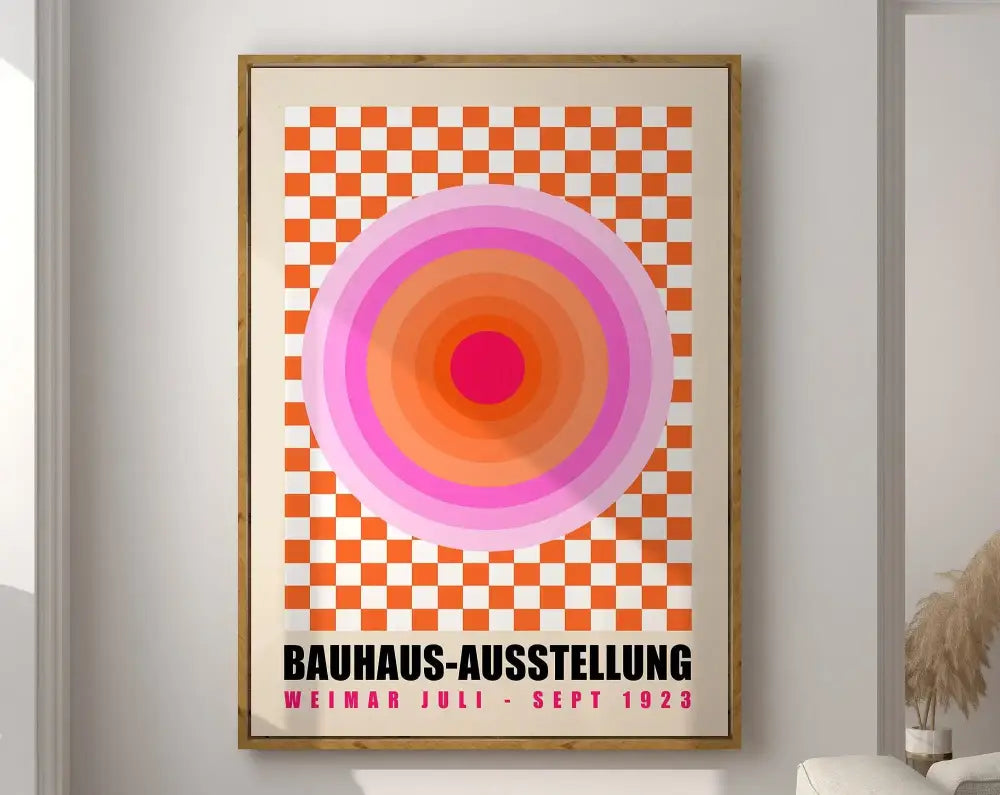 Geometric bauhaus green & pink wall art living room wood frame