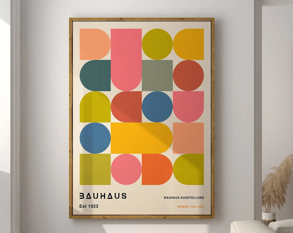 Bauhaus pink & orange geometric canvas poster – living room wall art