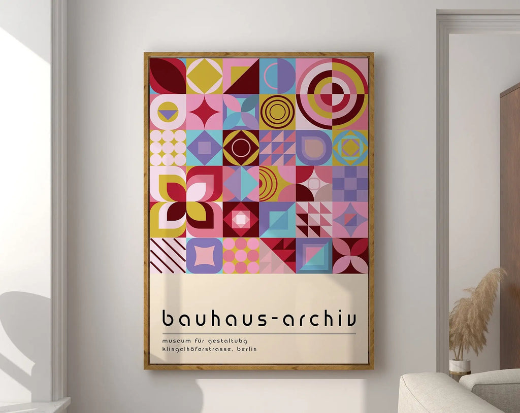 Bauhaus pink & orange geometric canvas poster – living room wall art