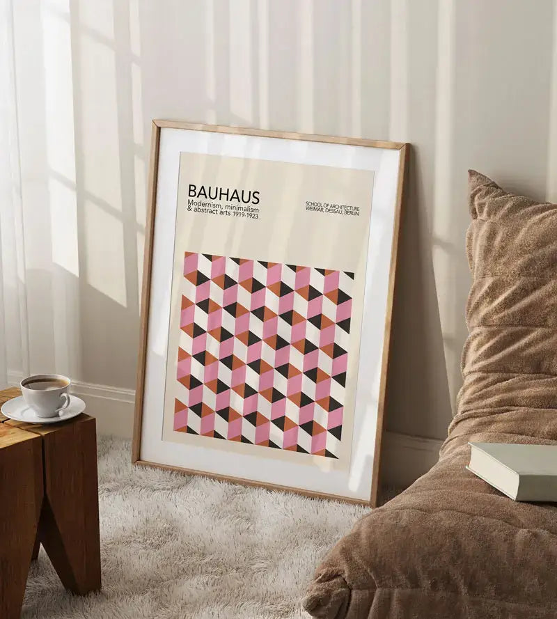Bauhaus pink & orange geometric canvas poster – living room wall art