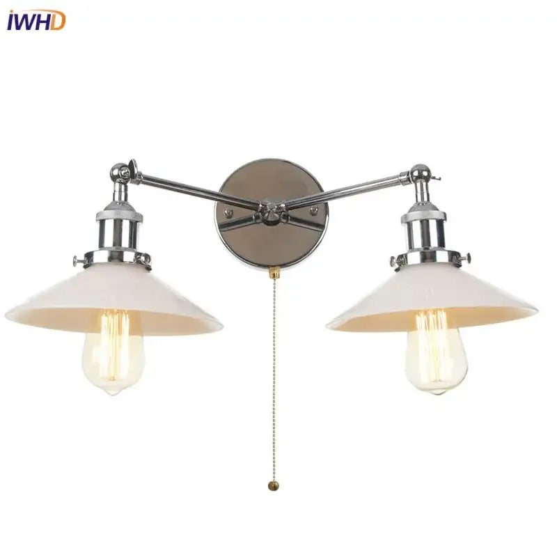Industrial chrome glass 2-light wall sconce with pull chain for bedroom
