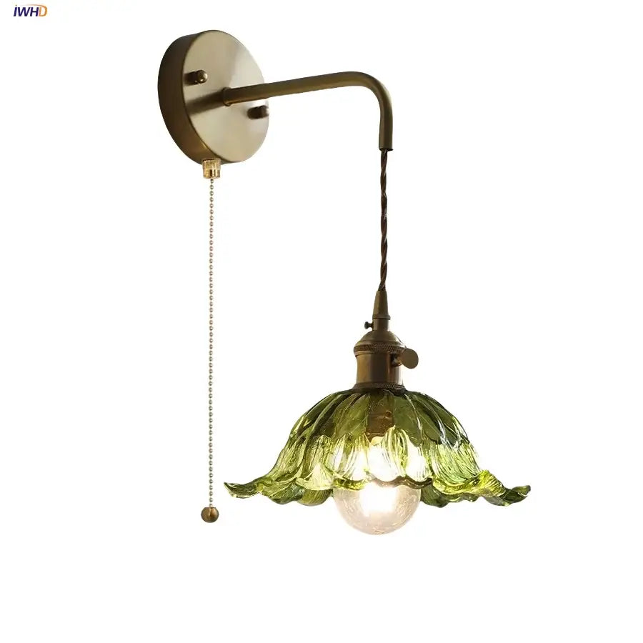 Antique brass green flower led wall sconce bedroom light with pull chain